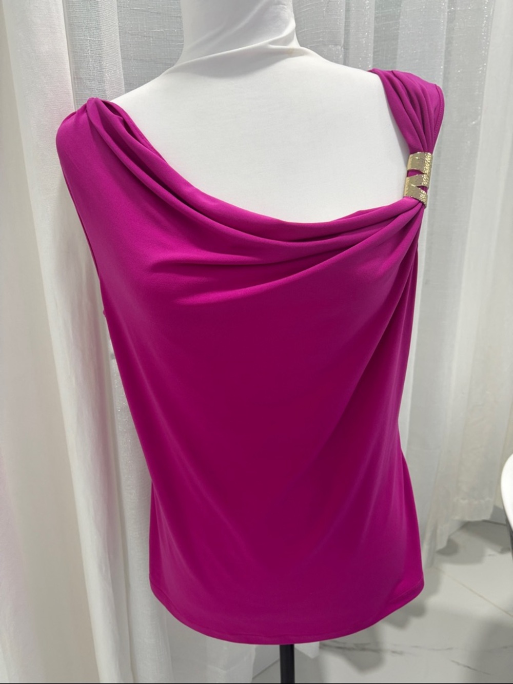 Calvin Klein Magenta Draped One-Shoulder Tank with Gold Accent